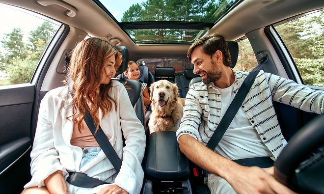 A família toda está dirigindo no fim de semana. Mamãe e papai com a filha e um cachorro labrador estão sentados no carro. Lazer, viagens, turismo