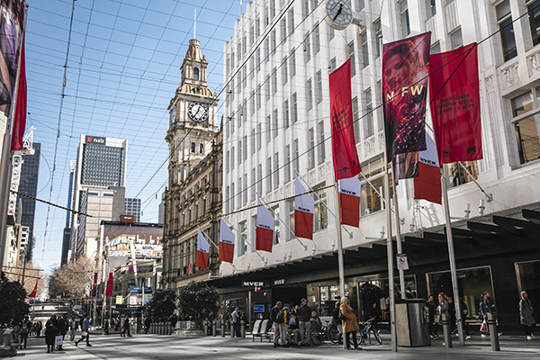 Bourke Street Mall is bustling with life and shopping opportunities. Image credit: Visit Victoria