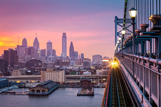 Atardecer desde el Puente Benjamin de Philadelphia