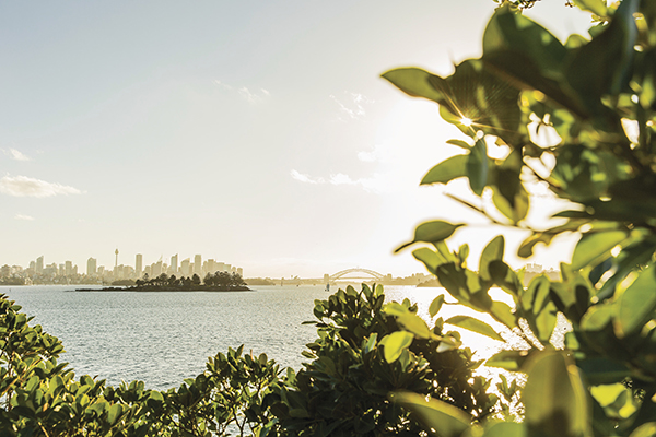 Views of Shark Island and Sydney Harbour looking towards the city from the Hermitage Foreshore walking track, Vaucluse.