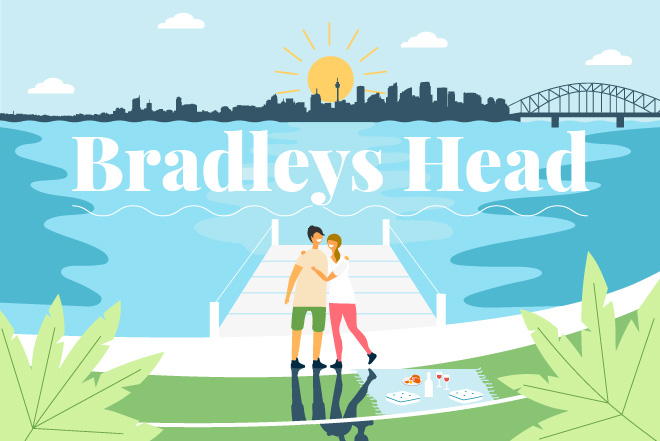 Illustration of couple hugging as they enjoying a picnic at Bradleys Head Amphitheatre 
