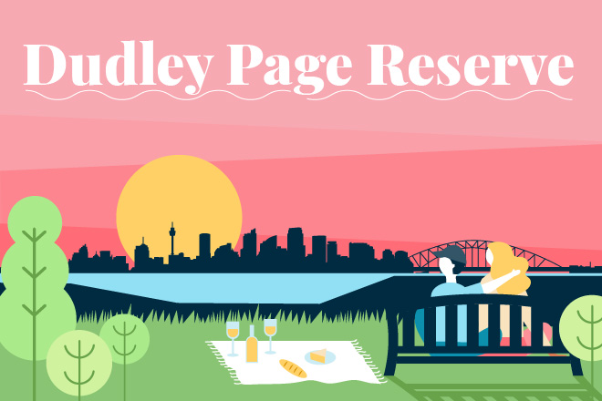 Illustration of couple enjoying a sunset picnic at Dudley Page Reserve looking on the Sydney skyline and bridge