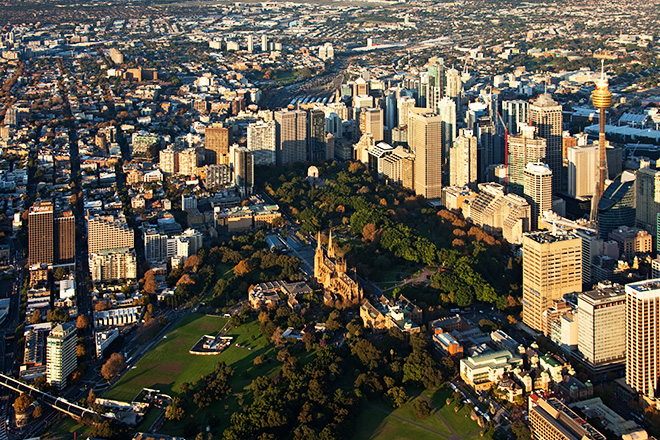 Aerial view of Sydney CBD and Hyde Park.