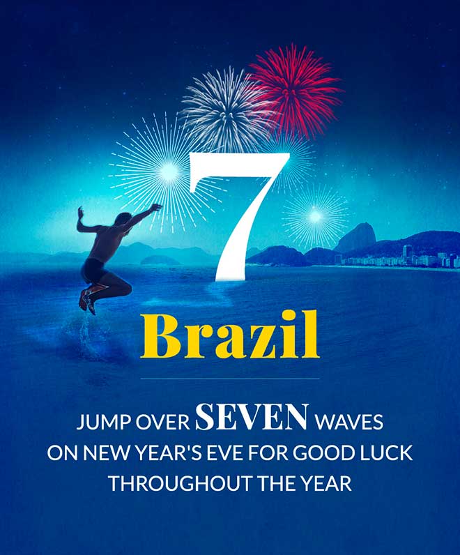 In Brazil, they jump over seven waves to ring in the new year