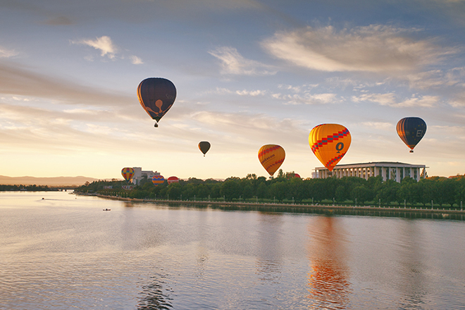 Hot air balloons over Canberra at Sunrise.