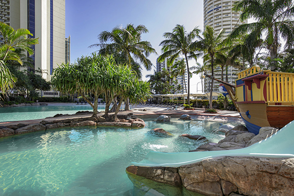 The pool at Mantra Crown Towers Surfers Paradise with a pirate ship pool playground