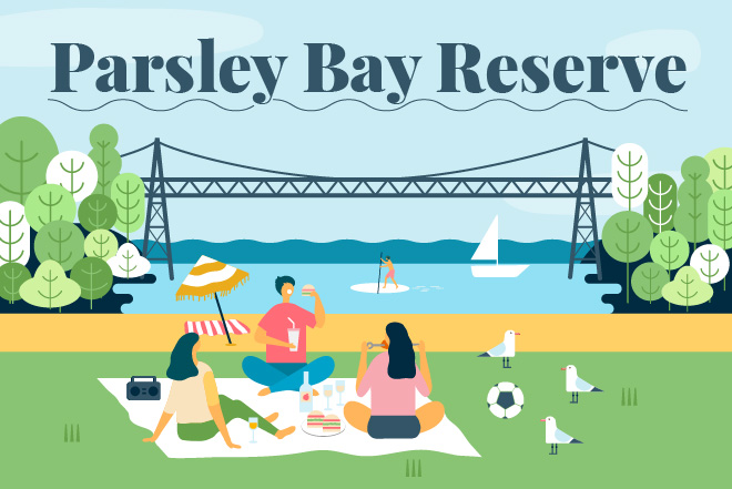Illustration of friends enjoying a picnic on the grass in front of Parsley Bay and the iconic Parsley Bay foot bridge. 